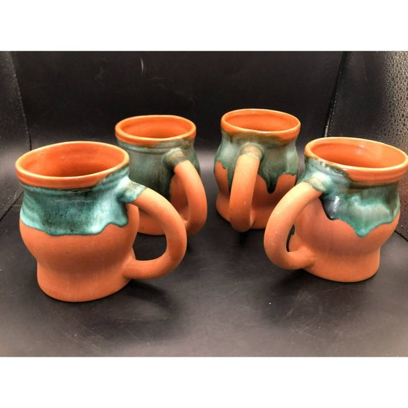 4 Red Clay Terracotta Green Drip Glaze Coffee Tea Mug Cup USA 90s - Picture 2 of 10
